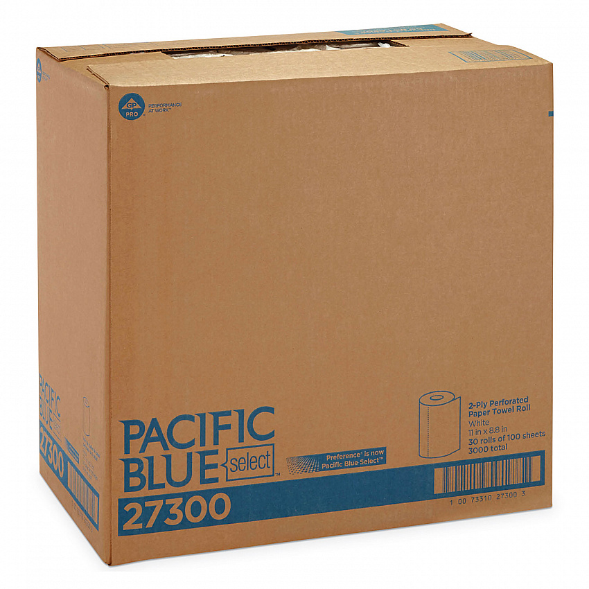 Pacific Blue Select Two-Ply Perforated Paper Kitchen Roll Towels, 2-Ply, 11 x 8.8, White, 100/Roll, 30 Rolls/Carton (27300)