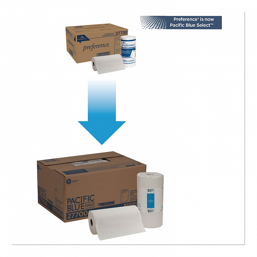 Pacific Blue Select Two-Ply Perforated Paper Kitchen Roll Towels, 2-Ply, 11 x 8.8, White, 250/Roll, 12 Rolls/Carton (27700)