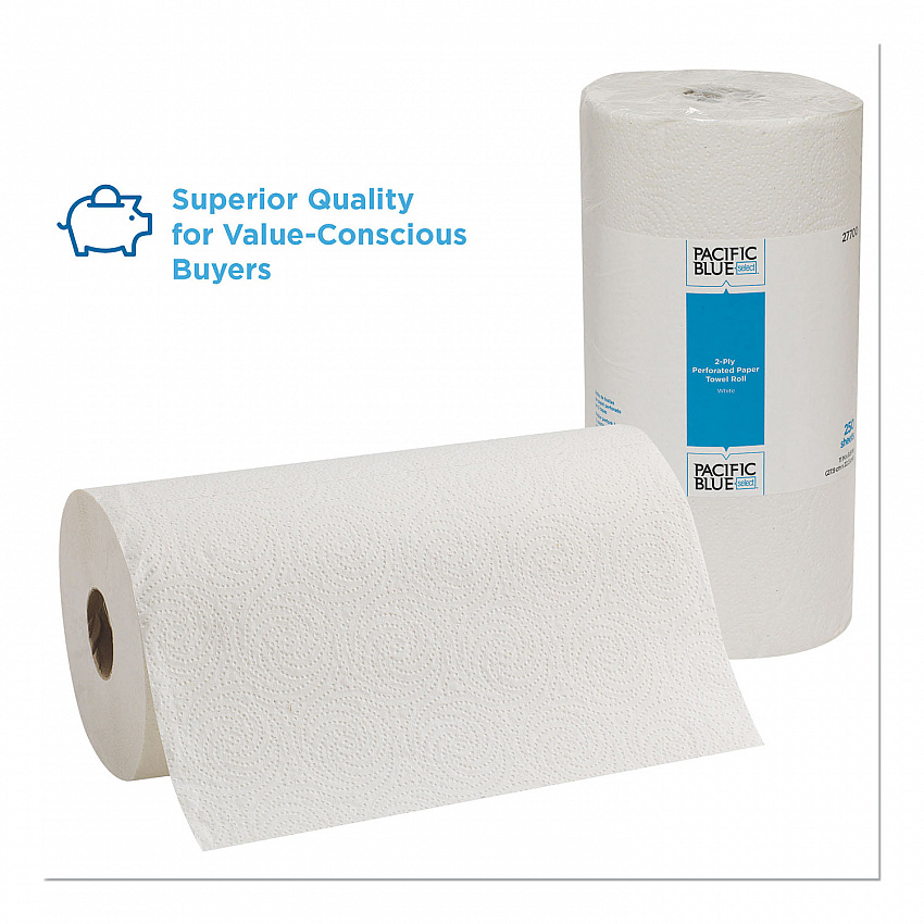 Pacific Blue Select Two-Ply Perforated Paper Kitchen Roll Towels, 2-Ply, 11 x 8.8, White, 250/Roll, 12 Rolls/Carton (27700)