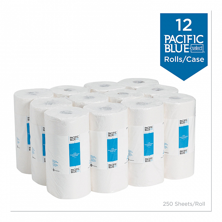 Pacific Blue Select Two-Ply Perforated Paper Kitchen Roll Towels, 2-Ply, 11 x 8.8, White, 250/Roll, 12 Rolls/Carton (27700)