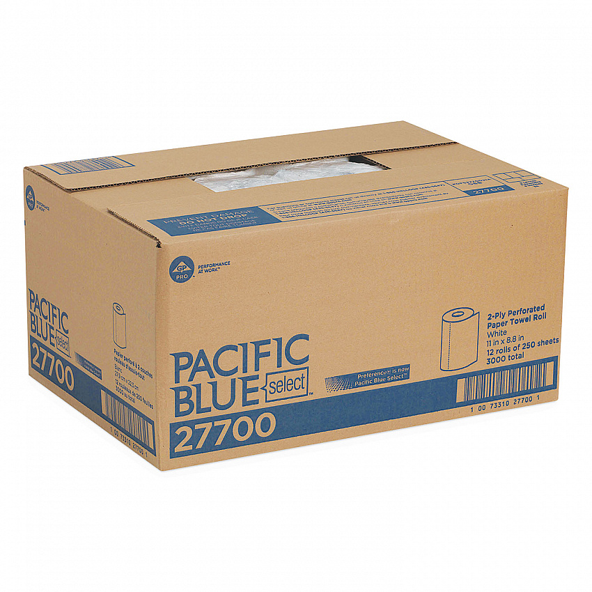 Pacific Blue Select Two-Ply Perforated Paper Kitchen Roll Towels, 2-Ply, 11 x 8.8, White, 250/Roll, 12 Rolls/Carton (27700)