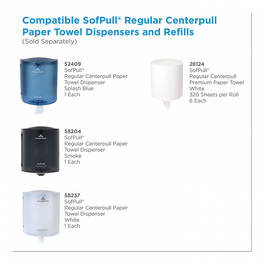 SofPull CenterPull Perforated Paper Towels, 1-Ply, 7.8 x 15, White, 320/Roll, 6 Rolls/Carton (28124)