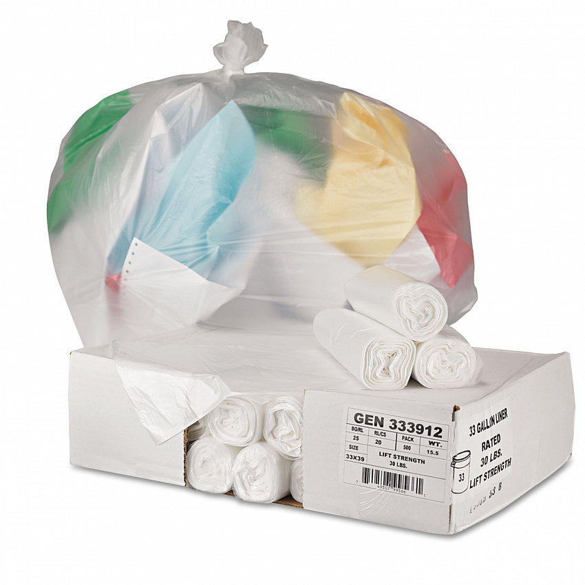High-Density Can Liners, 33 gal, 9 mic, 33" x 39", Natural, Perforated Roll, 25 Bags/Roll, 20 Rolls/Carton (333912)