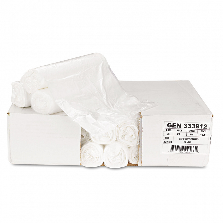 High-Density Can Liners, 33 gal, 9 mic, 33" x 39", Natural, Perforated Roll, 25 Bags/Roll, 20 Rolls/Carton (333912)