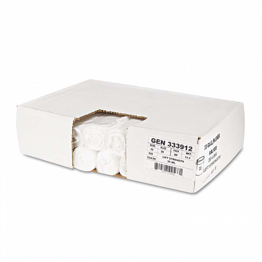 High-Density Can Liners, 33 gal, 9 mic, 33" x 39", Natural, Perforated Roll, 25 Bags/Roll, 20 Rolls/Carton (333912)