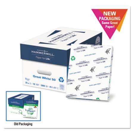 Hammermill GREAT WHITE 50 RECYCLED PRINT PAPER, 92 BRIGHT, 20LB, 8.5 X 11, WHITE, 500 SHEETS/REAM, 10 REAMS/CARTON (86780)