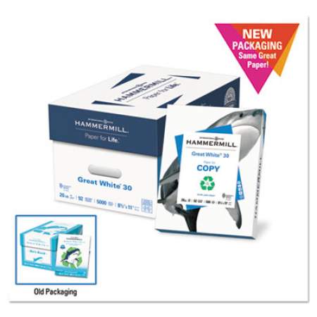 Hammermill Great White 30 Recycled Print Paper, 92 Bright, 20lb, 8.5 x 11, White, 500 Sheets/Ream, 10 Reams/Carton, 40 Cartons/Pallet (86700PLT)
