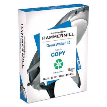 Hammermill Great White 30 Recycled Print Paper, 92 Bright, 20lb, 8.5 x 11, White, 500 Sheets/Ream, 10 Reams/Carton, 40 Cartons/Pallet (86700PLT)