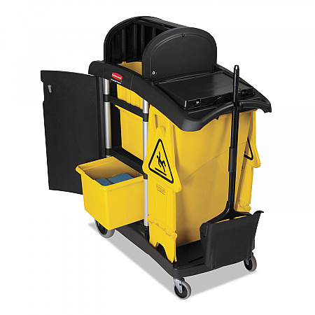 High Capacity Cleaning Cart, Plastic, 4 Shelves, 2 Bins, 21.75
