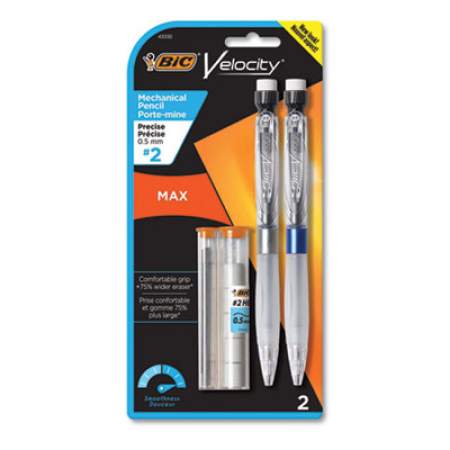 BIC Velocity Max Pencil, 0.5 mm, HB (#2), Black Lead, Gray Barrel, 2/Pack (MPMX5P21)