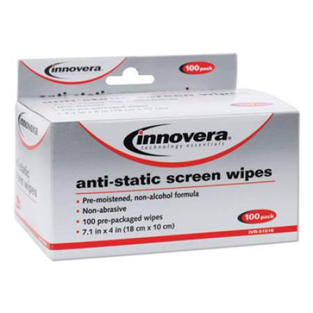 Innovera Antistatic Screen Cleaning Wipes, Cloth, 7 1/4 x 4 3/4, White, 100/Pack (51516)