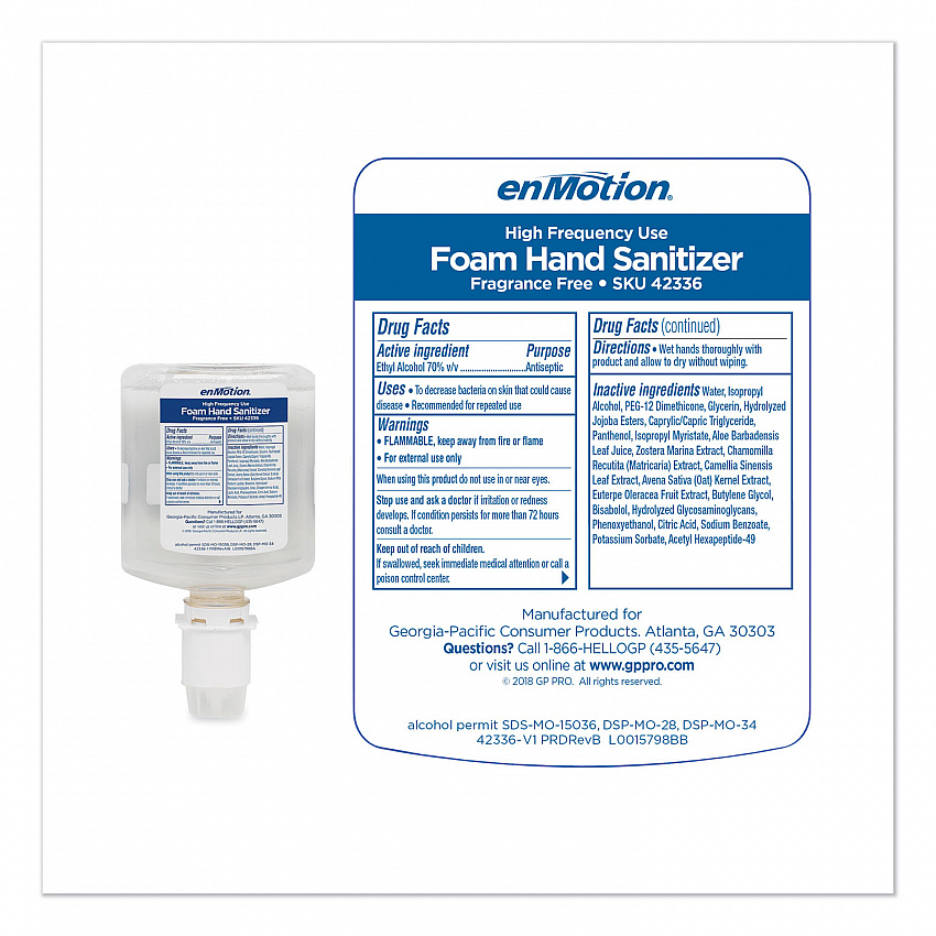 GP enMotion High-Frequency-Use Foam Sanitizer Dispenser Refill, 1,000 mL, Fragrance-Free, 2/Carton (42336)