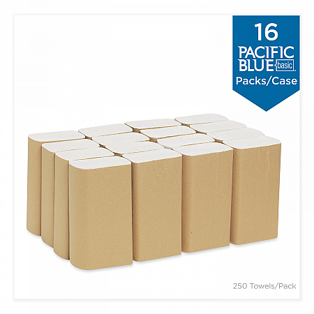 Pacific Blue Basic Folded Paper Towel, 1-Ply, 9.2 x 9.4, White, 250/Pack, 16 Packs/Carton (20204)