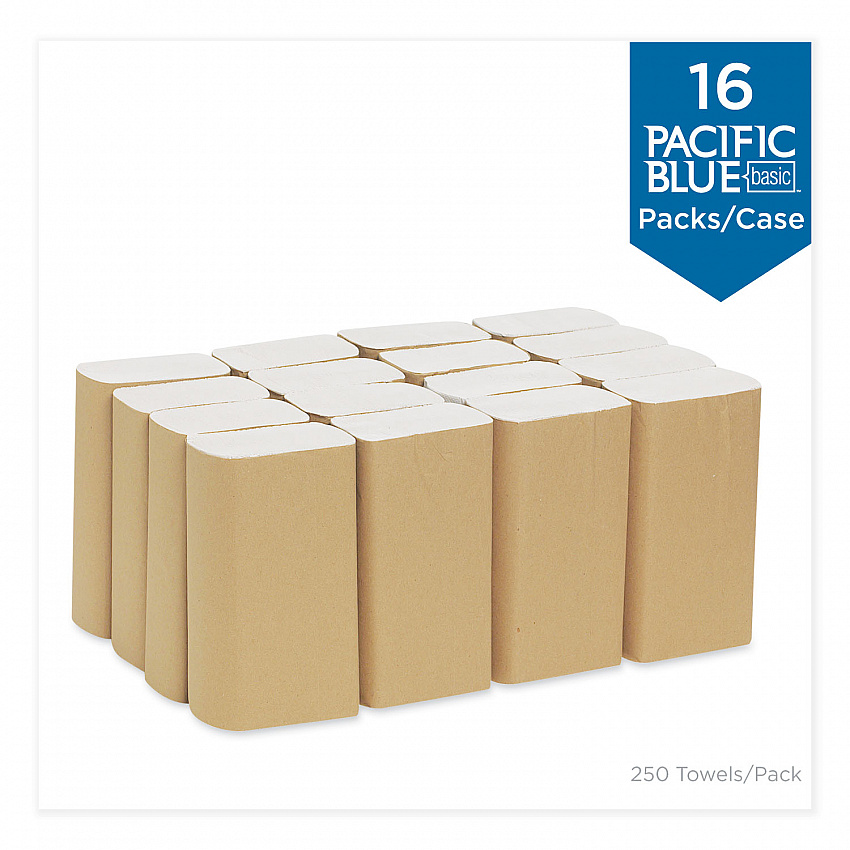 Pacific Blue Basic Folded Paper Towel, 1-Ply, 9.2 x 9.4, White, 250/Pack, 16 Packs/Carton (20204)