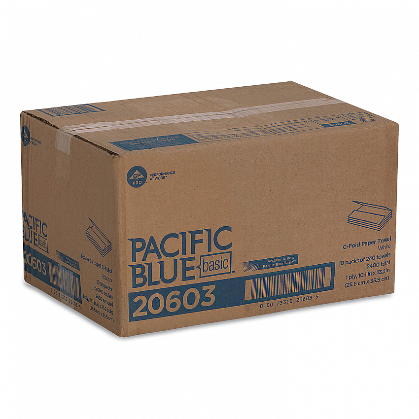 Pacific Blue Basic C-Fold Paper Towels, 1-Ply, 10.1 x 13.2, White, 240/Pack, 10 Packs/Carton (20603)