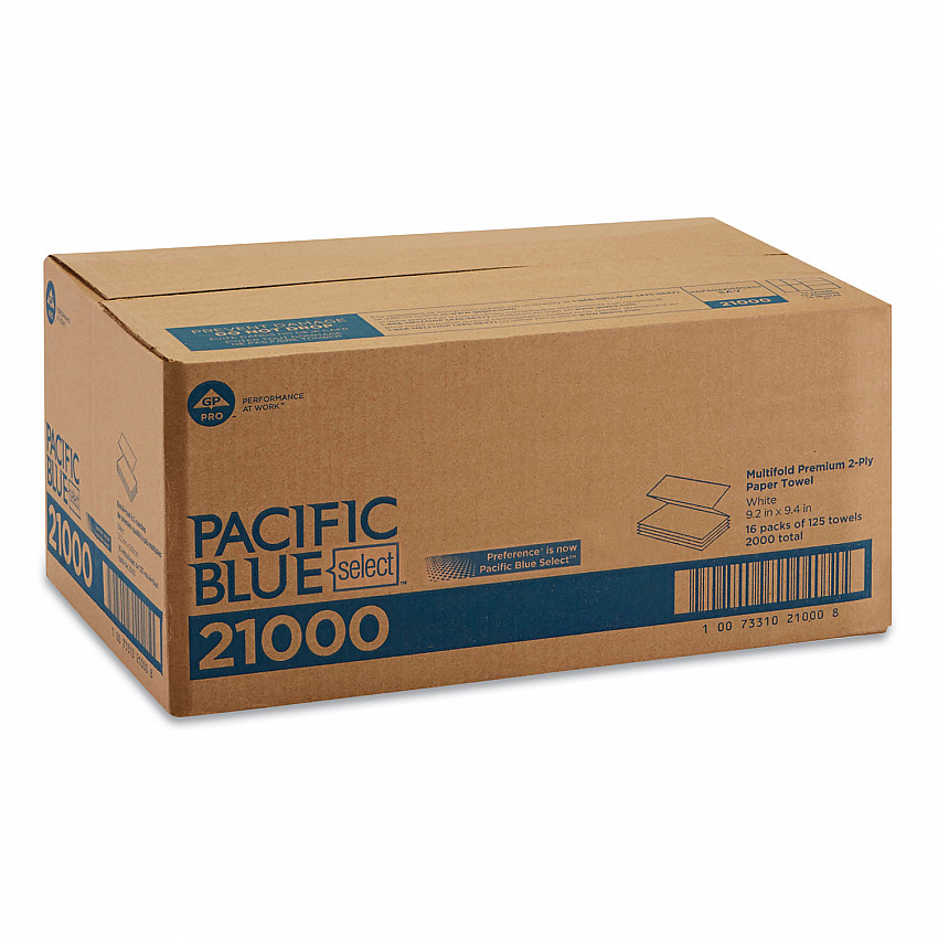 Pacific Blue Select Multi-Fold 2-Ply Paper Towel, 9.2 x 9.4, White, 125/Pack, 16 Packs/Carton (21000)