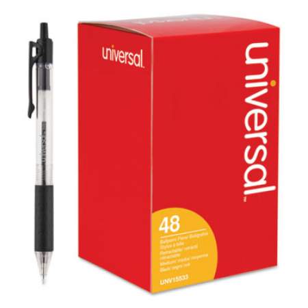 Universal Comfort Grip Ballpoint Pen, Retractable, Medium 1 mm, Black Ink, Clear Barrel, 48/Pack (15533)