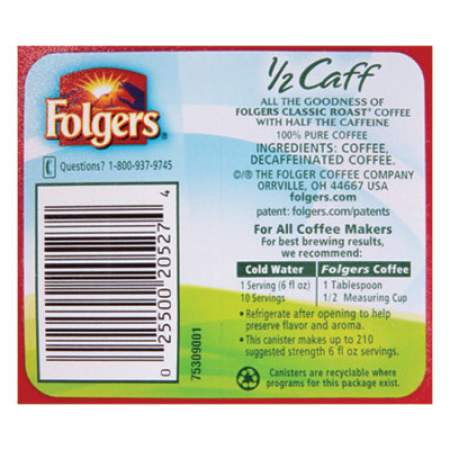 Folgers Coffee, Half Caff, 25.4 oz Canister, 6/Carton (20527CT)