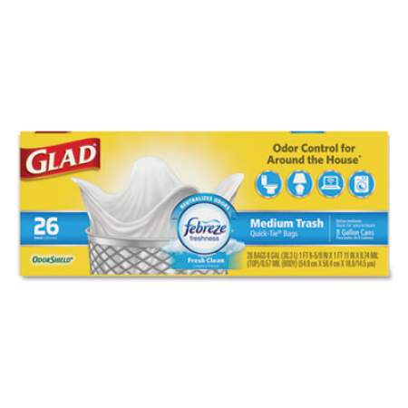 Glad OdorShield Medium Quick-Tie Trash Bags, 8 gal, 0.57 mil, 21.63" x 23", White, 156/Carton (78815CT)