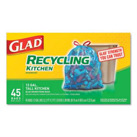 Glad Tall Kitchen Blue Recycling Bags, 13 gal, 0.9 mil, Blue, 180/Carton (78542)