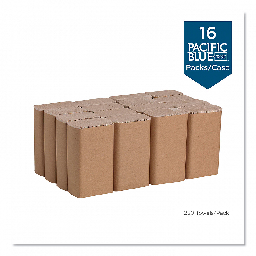 Pacific Blue Basic M-Fold Paper Towels, 1-Ply, 9.2 x 9.4, Brown, 250/Pack, 16 Packs/Carton (23304)