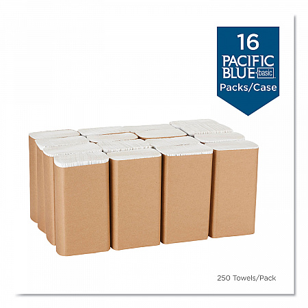 Pacific Blue Basic M-Fold Paper Towels, 1-Ply, 9.2 x 9.4, White, 250/Pack, 16 Packs/Carton (24590)