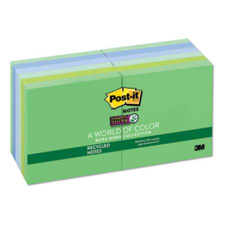 Post-it Notes Super Sticky Recycled Notes in Bora Bora Colors, 3 x 3, 90-Sheet, 12/Pack (65412SST)