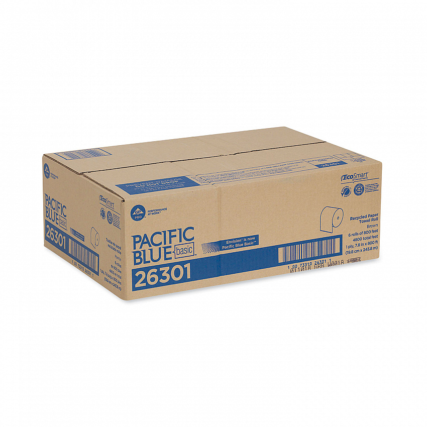 Pacific Blue Basic Recycled Nonperforated Paper Towel Rolls, 1-Ply, 7.78 x 800 ft, Brown, 6 Rolls/Carton (26301)