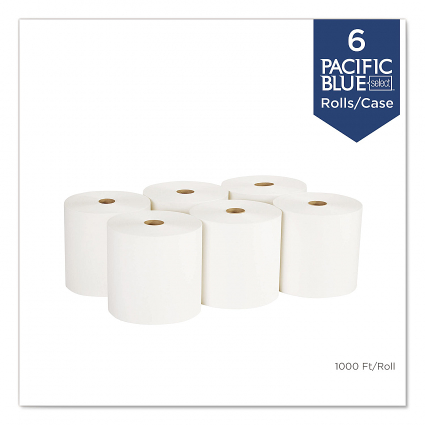 Pacific Blue Basic Recycled Nonperforated Paper Towel Rolls, 1-Ply, 7.78 x 1,000 ft, White, 6 Rolls/Carton (26100)