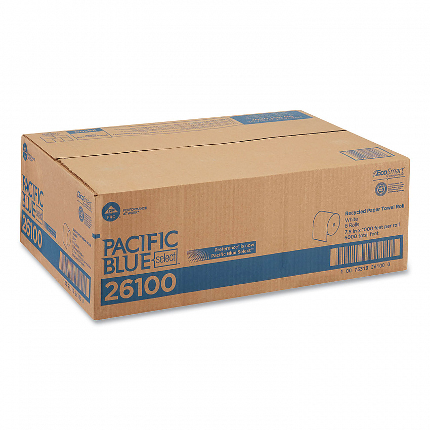 Pacific Blue Basic Recycled Nonperforated Paper Towel Rolls, 1-Ply, 7.78 x 1,000 ft, White, 6 Rolls/Carton (26100)