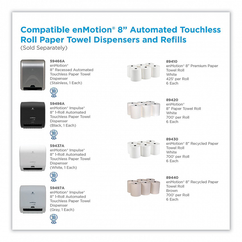 enMotion Paper Towels, 1-Ply, 8.25" x 420 ft, White, 6 Rolls/Carton (89410)