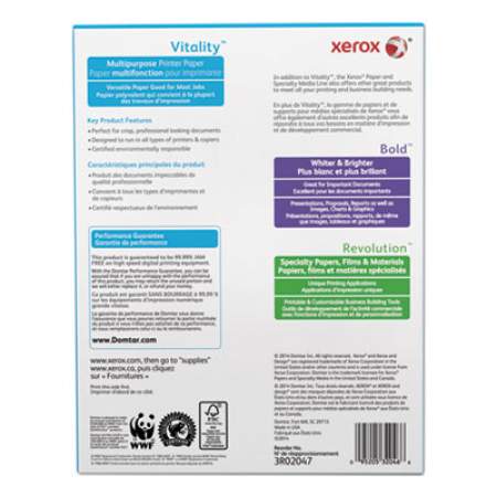 Xerox Vitality Multipurpose Print Paper, 92 Bright, 20 lb, 8.5 x 11, White, 500 Sheets/Ream, 10 Reams/Carton (3R02047)
