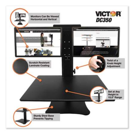 Victor High Rise Dual Monitor Standing Desk Workstation, 28" x 23" x 10.5" to 15.5", Black (DC350)