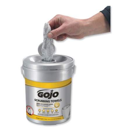 GOJO Scrubbing Towels, Hand Cleaning, Silver/Yellow, 10 1/2 x 12, 72/Bucket (639606EA)