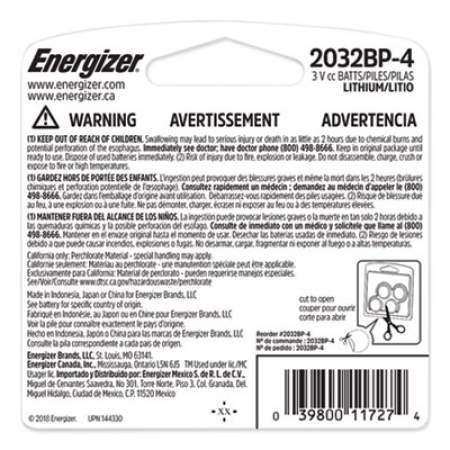 Energizer 2032 Lithium Coin Battery, 3 V, 4/Pack (2032BP4)