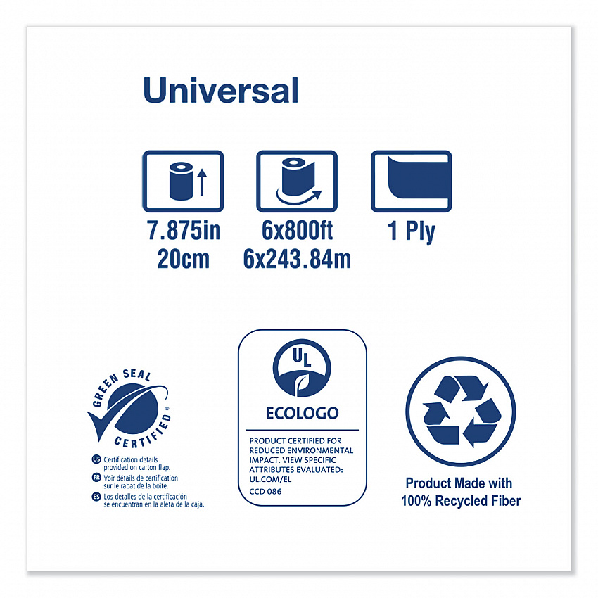 Universal Hand Towel Roll, 1-Ply, 7.88" x 800 ft, Natural, 6 Rolls/Carton (RK8002)