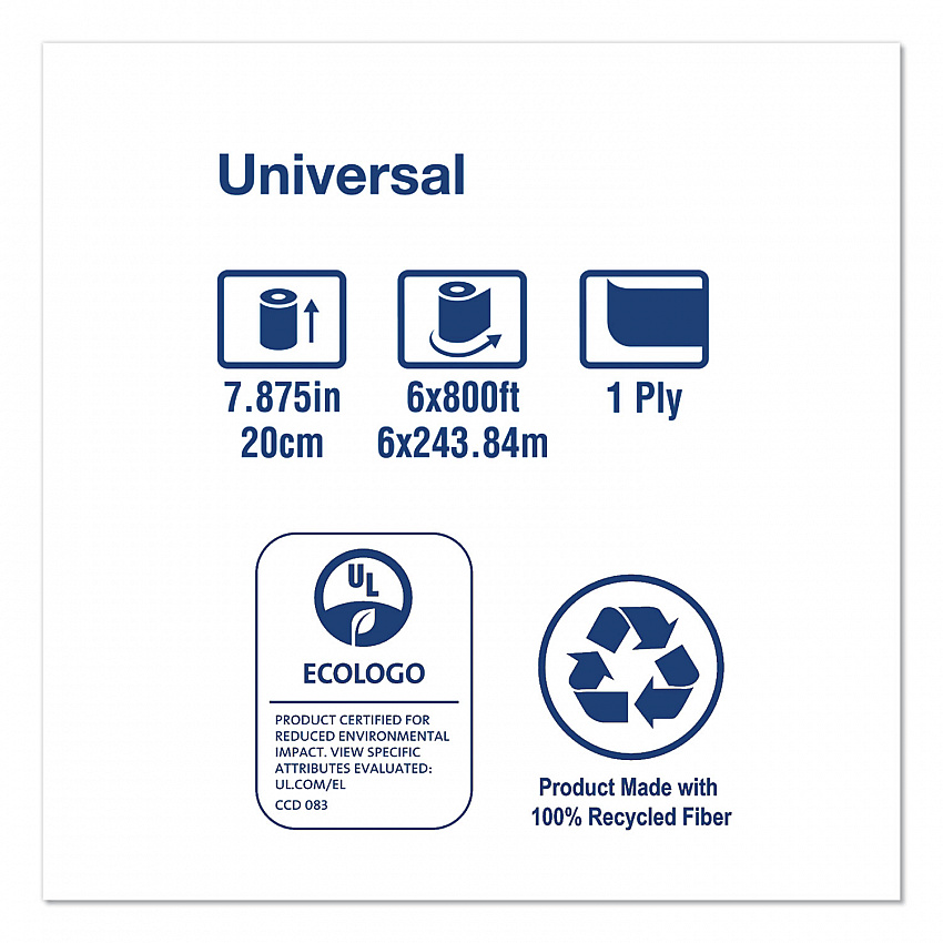 Universal Hand Towel Roll, 1-Ply, 7.88" x 800 ft, White, 6 Rolls/Carton (RB8002)