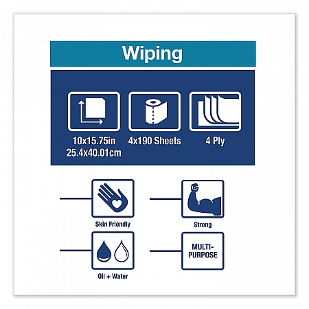Industrial Paper Wiper, 4-Ply, 10 x 15.75, Unscented, Blue, 190 Wipes/Roll, 4 Roll/Carton (132451A)