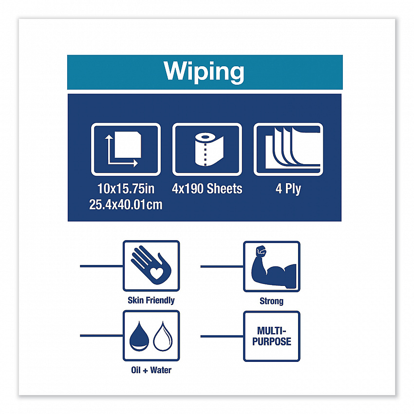 Industrial Paper Wiper, 4-Ply, 10 x 15.75, Unscented, Blue, 190 Wipes/Roll, 4 Roll/Carton (132451A)