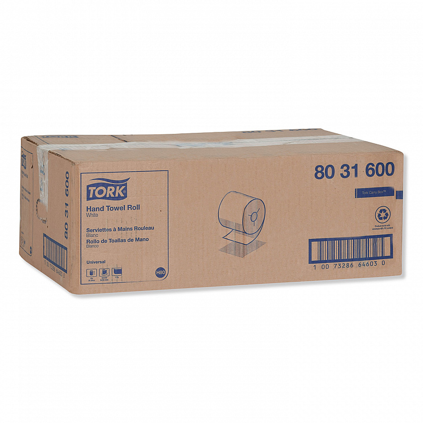 Universal Hand Towel Roll, Notched, 1-Ply, 7.5" x 630 ft, White, 6 Rolls/Carton (8031600)