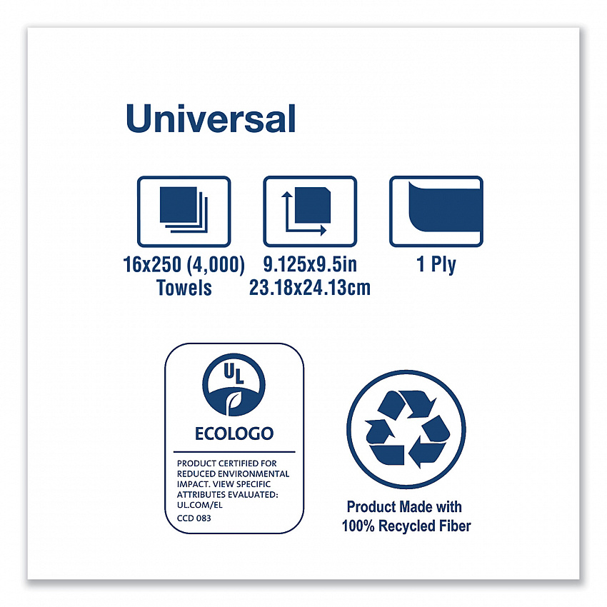 Universal Multifold Hand Towel, 1-Ply, 9.13 x 9.5, White, 250/Pack,16 Packs/Carton (MB540A)