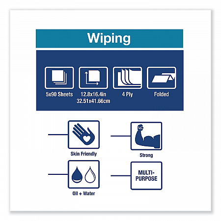 Industrial Paper Wiper, 4-Ply, 12.8 x 16.4, Unscented, Blue, 90/Pack, 5 Packs/Carton (440278)