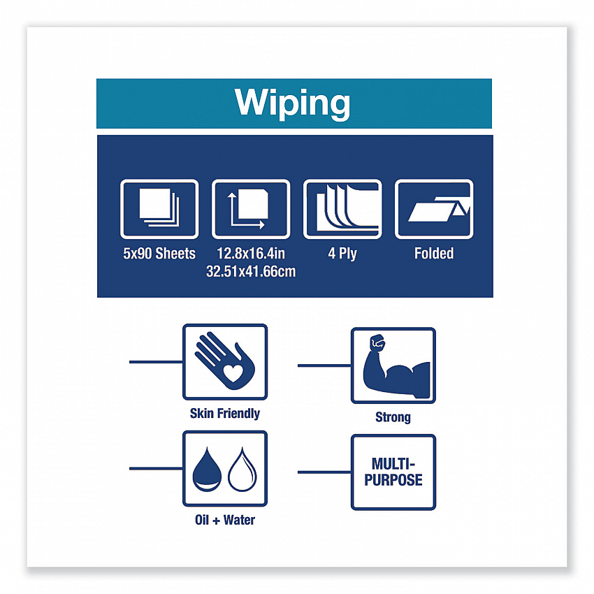 Industrial Paper Wiper, 4-Ply, 12.8 x 16.4, Unscented, Blue, 90/Pack, 5 Packs/Carton (440278)