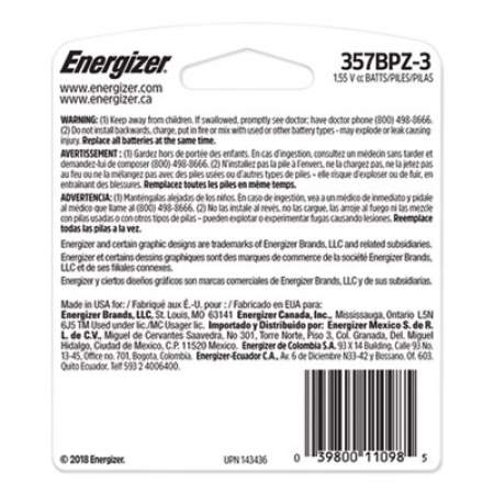 Energizer 357/303 Silver Oxide Button Cell Battery, 1.5 V, 3/Pack (357BPZ3)