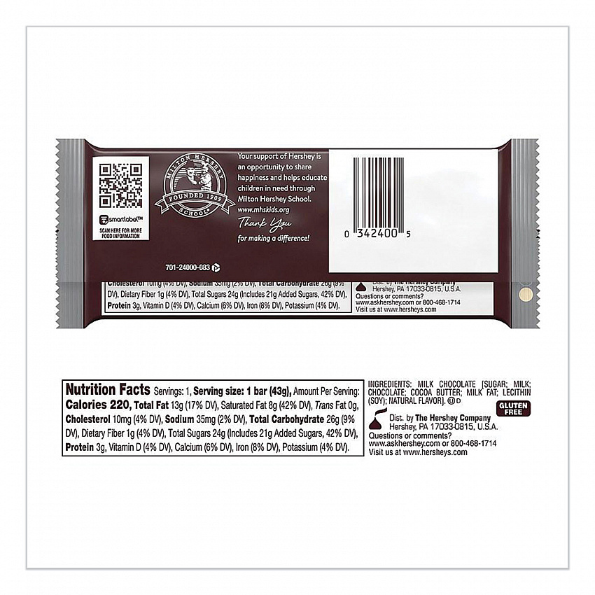 Chocolate Bars, Milk Chocolate, 55.8 oz, 36/Box (24000BX)