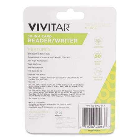 Vivitar RW-50 50-in-1 Card Reader/Writer, USB 2.0, Mac OS/Microsoft (791686)