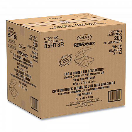 Foam Hinged Lid Containers, 3 Compartments, 8.38 x 7.78 x 3.25, 200/Carton (85HT3R)