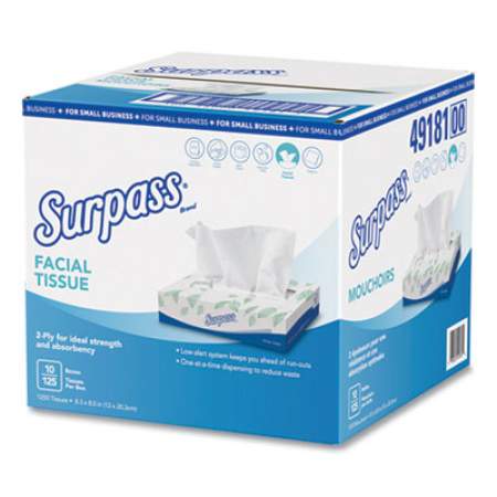 Surpass Facial Tissue, 2-Ply, White, Flat Box, 125/Box, 10 Boxes/Carton (49181)