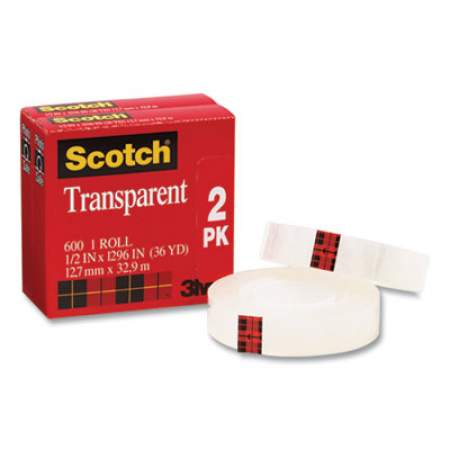 Scotch Transparent Tape, 1" Core, 0.5" x 36 yds, Crystal Clear, 2/Pack (485936)