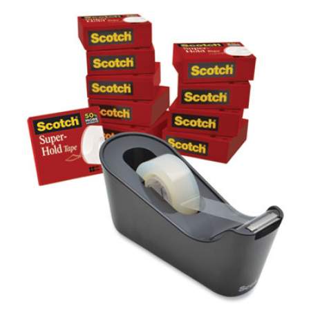 Scotch Super-Hold Tape with Dispenser, 1" Core, 0.75" x 27.77 yds, Clear, 10 Rolls and 1 Dispenser/Pack (700K10C18BLK)